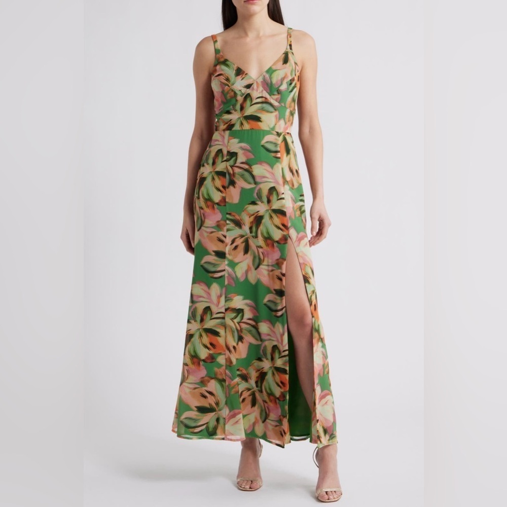 New Hutch Mikayla Sleeveless V-Neck Side-Slit Maxi Dress Sz 6 Sage Jungle